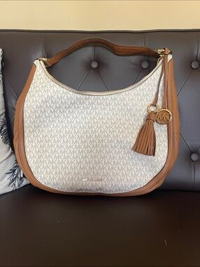 Michael Kors Ivory Signature MK Hobo with Tan Trim